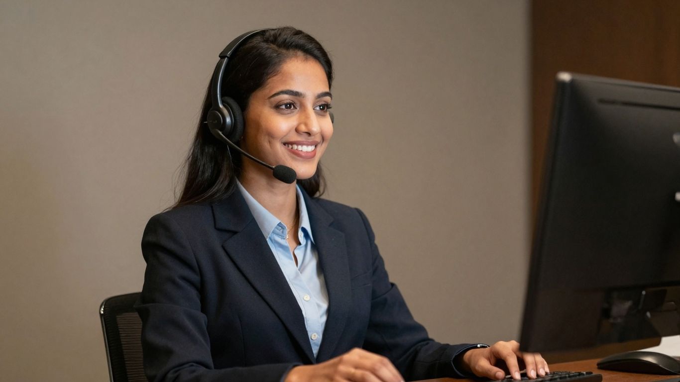 Friendly phone receptionist with headset and smile.
