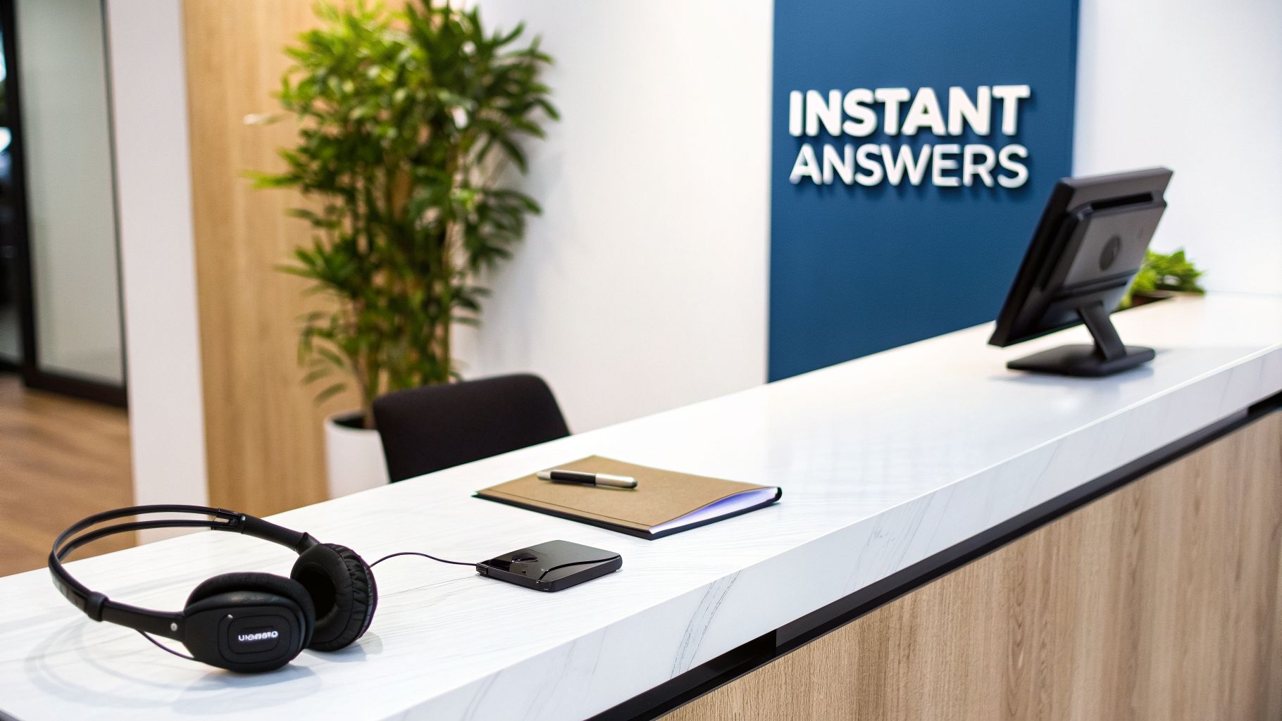 A modern reception desk with a headset, notebook, and monitor, featuring 'INSTANT ANSWERS' on a blue wall.