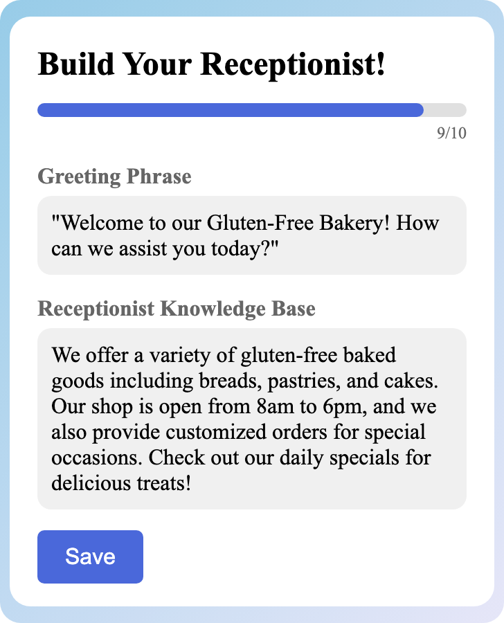 Sample receptionist setup for Gluten-Free Bakery