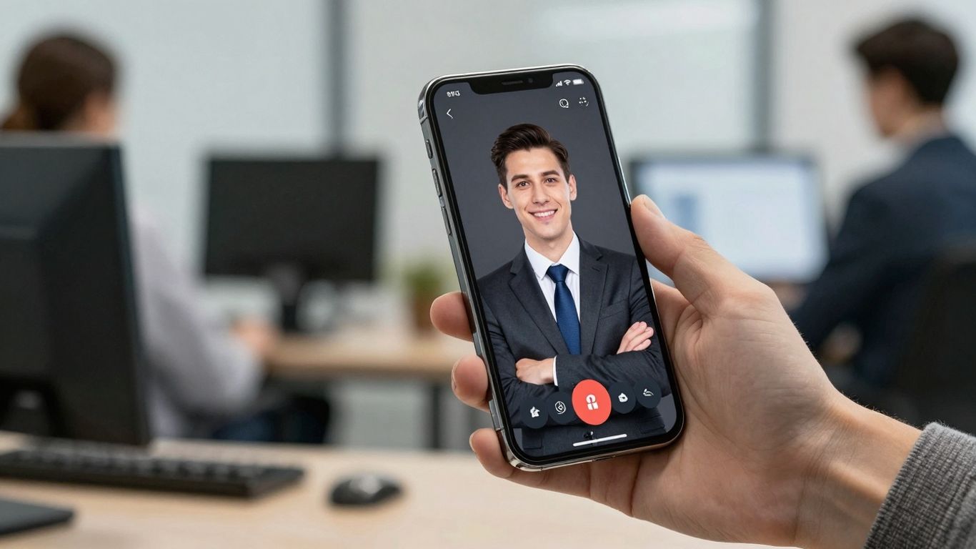 AI virtual receptionist on a smartphone screen.