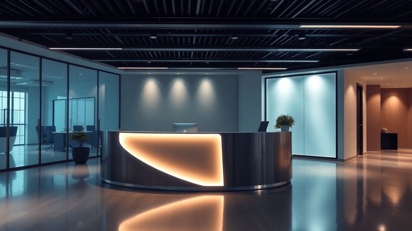 Modern office reception with digital interface