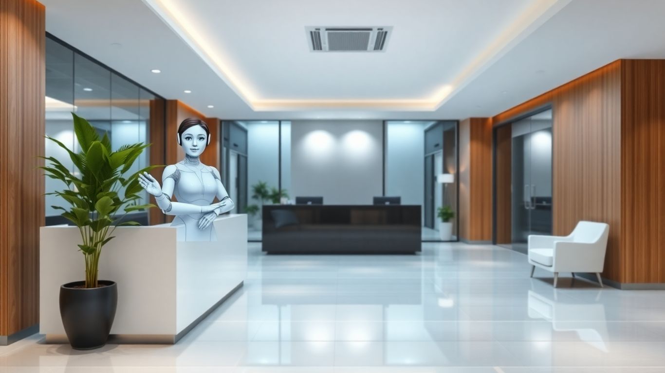 AI receptionist avatar in a modern office setting.