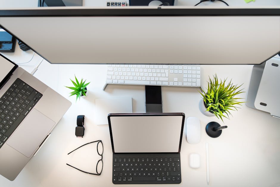 A creative illustration of a modern office where a business owner interacts with an AI receptionist on a desktop, displaying efficiency and technology.