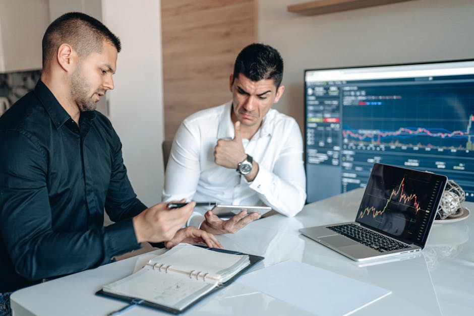A group of diverse business professionals discussing strategies around a digital tablet, with charts and graphs depicting growth trends related to AI solutions.