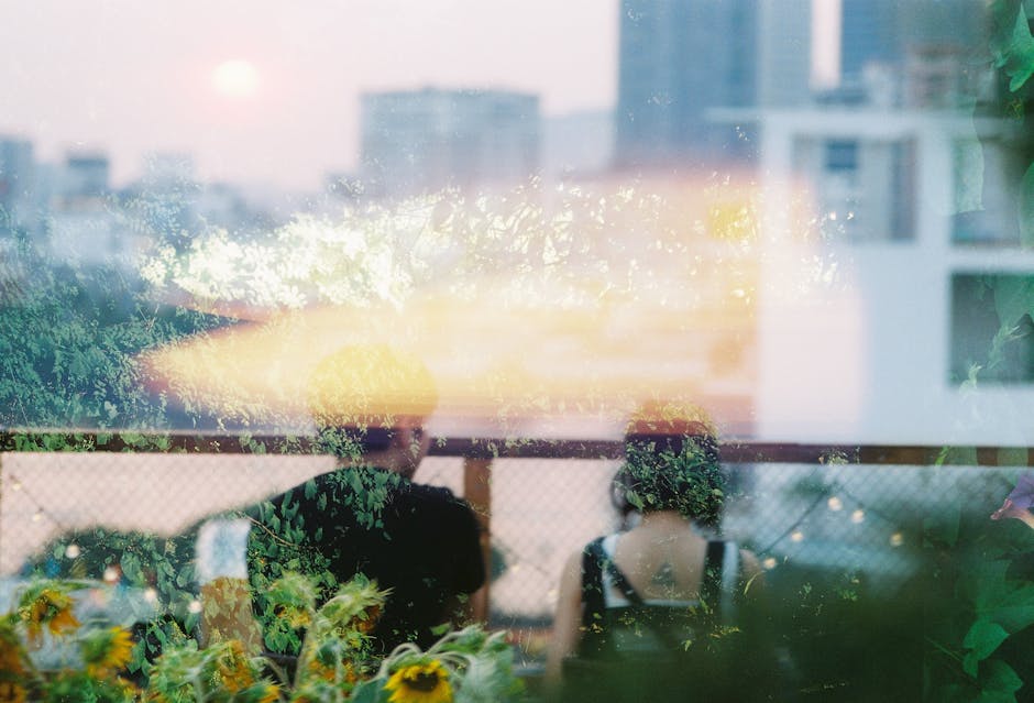 A beautiful rooftop garden showcasing colorful plants and greenery with a city skyline in the background.