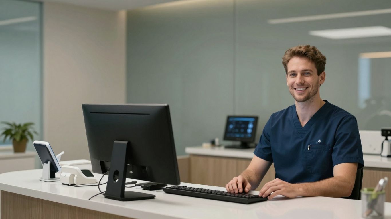 AI receptionist in a modern dental office.