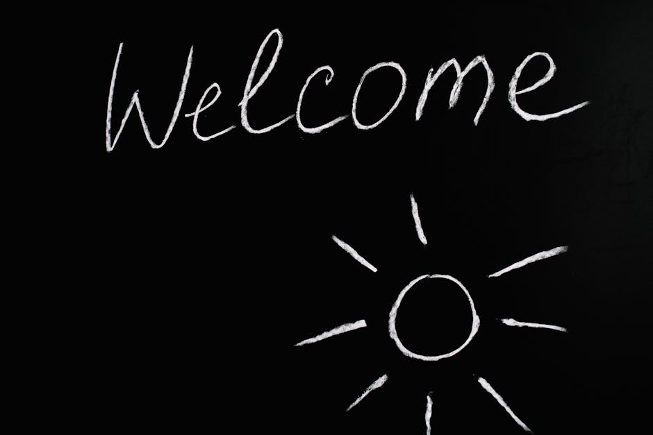 Dynamic office scene with an AI receptionist interface displaying a warm welcome message.