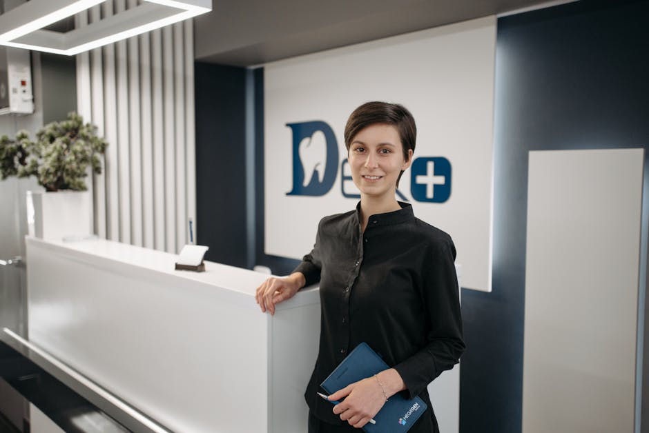 An illustration of a friendly AI receptionist interfacing with customers, featuring various business settings like retail, healthcare, and hospitality.