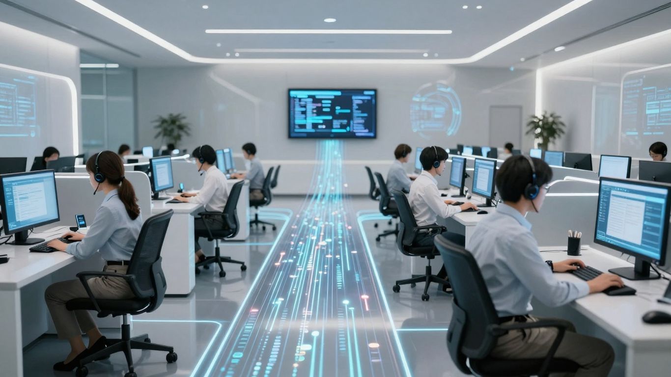 AI voice agents optimizing call routing in a futuristic call center.