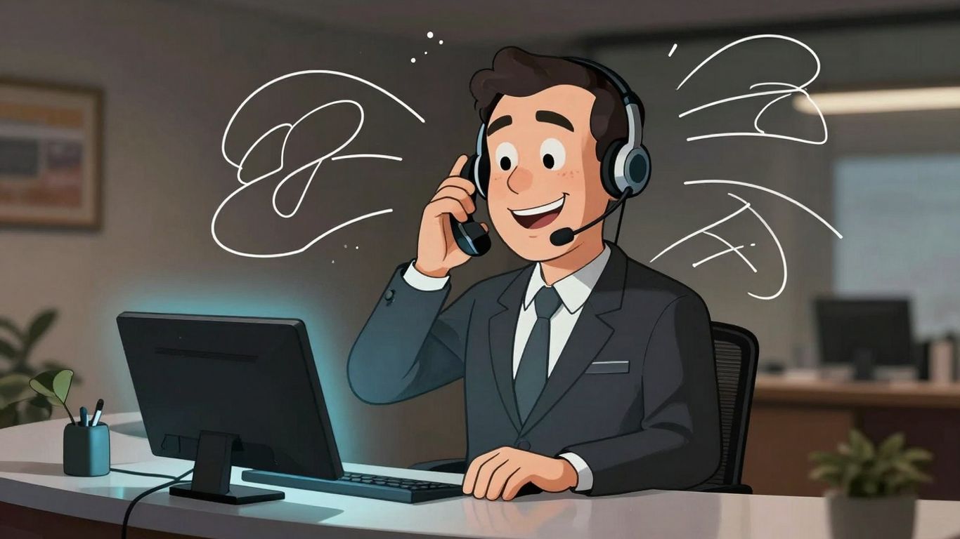 Cartoon receptionist with headset, smiling, phone lines.