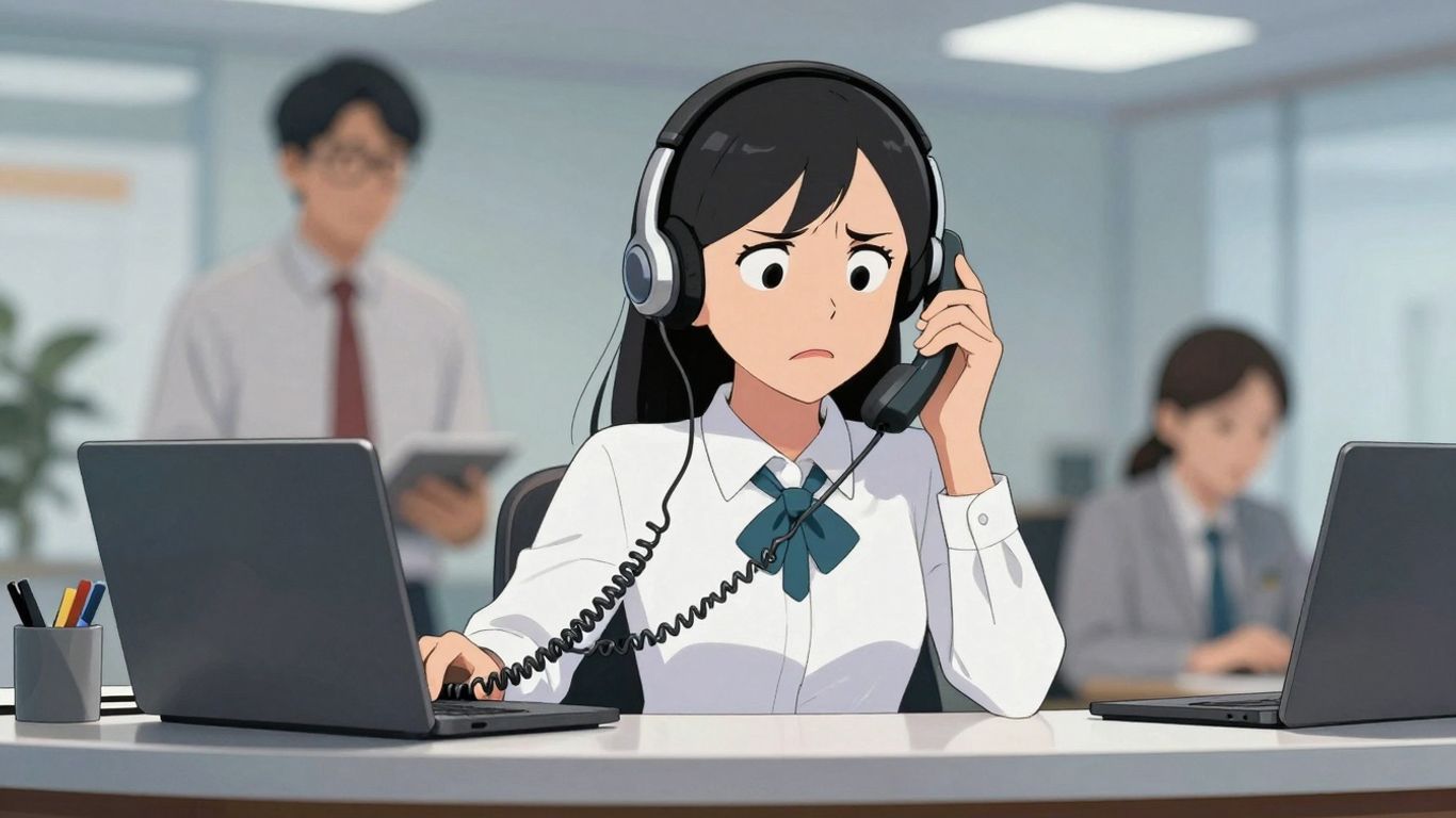 Cartoon receptionist with tangled phone cord looking frustrated.