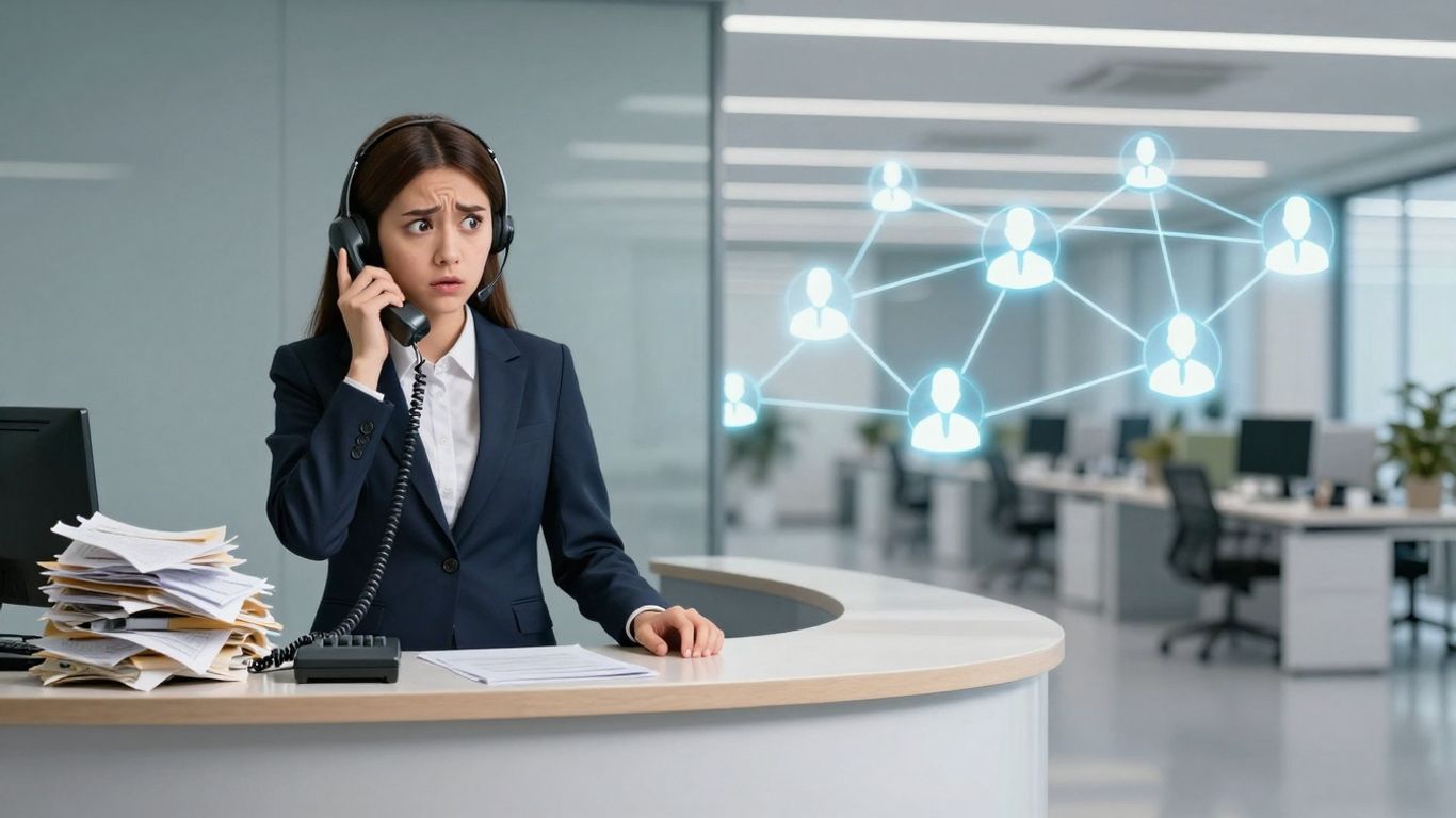 Cartoon receptionist overwhelmed by phones, modern business communication.