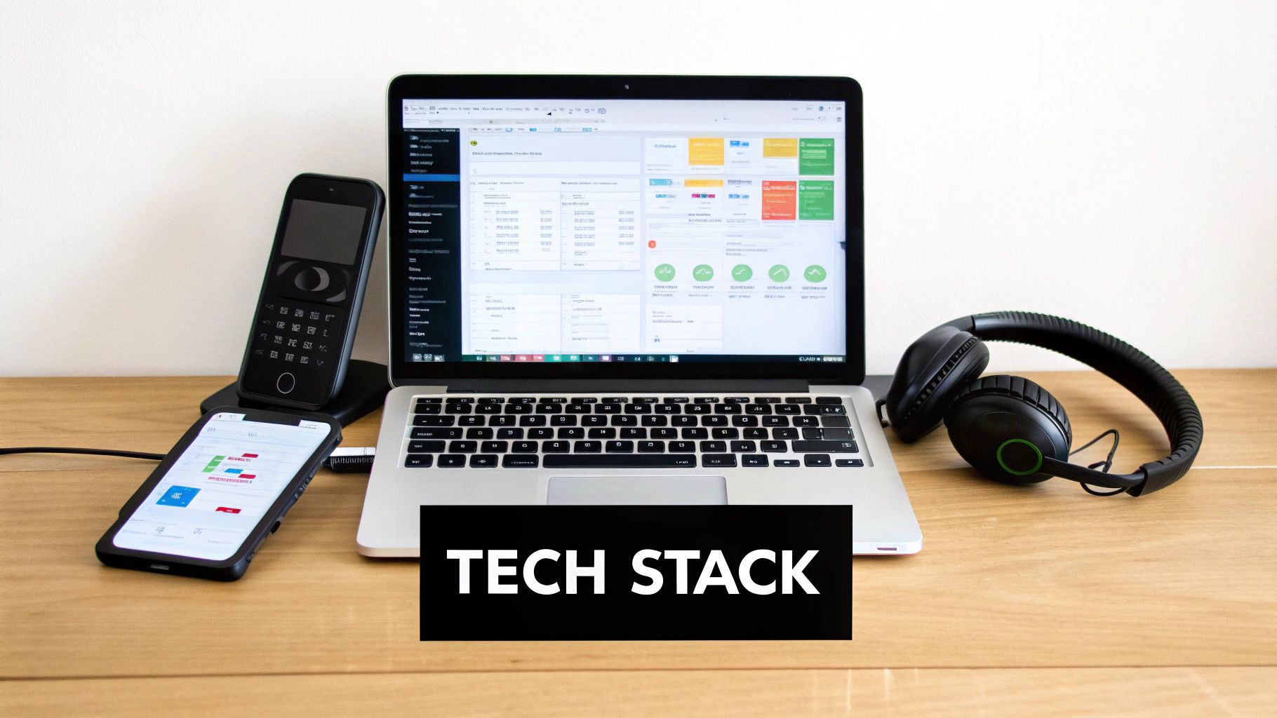A modern tech stack setup with a laptop, two smartphones, and headphones on a light wooden desk.