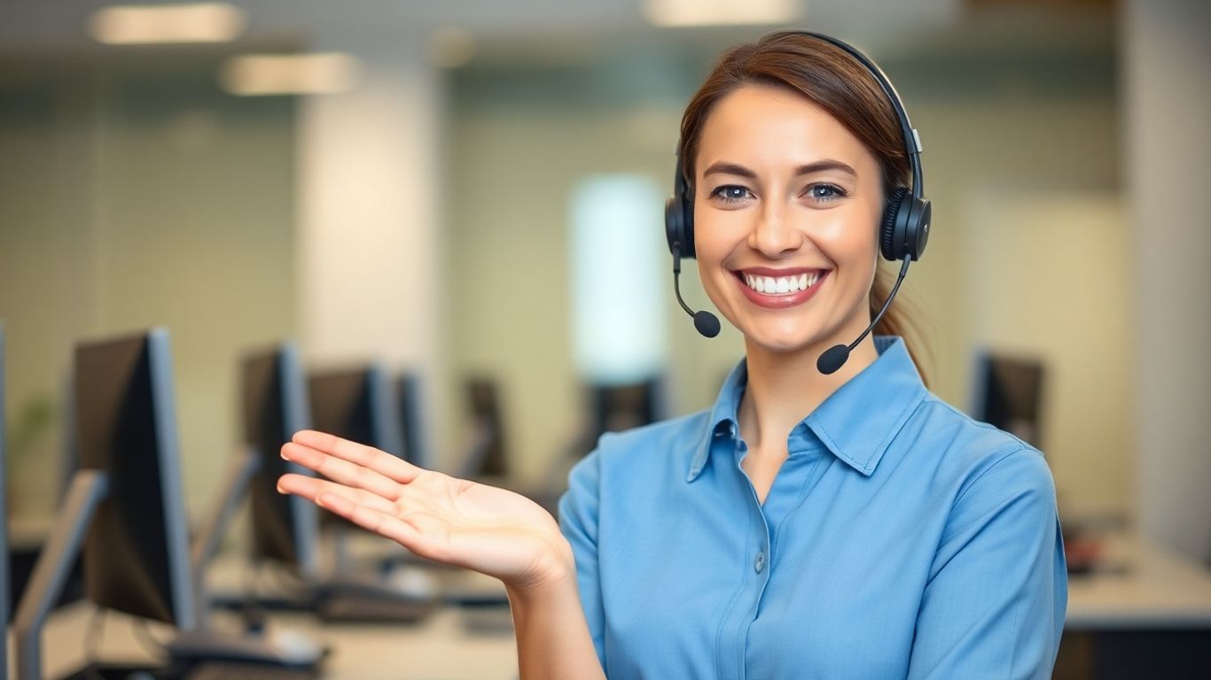 Professional woman with headset, friendly expression, office background.