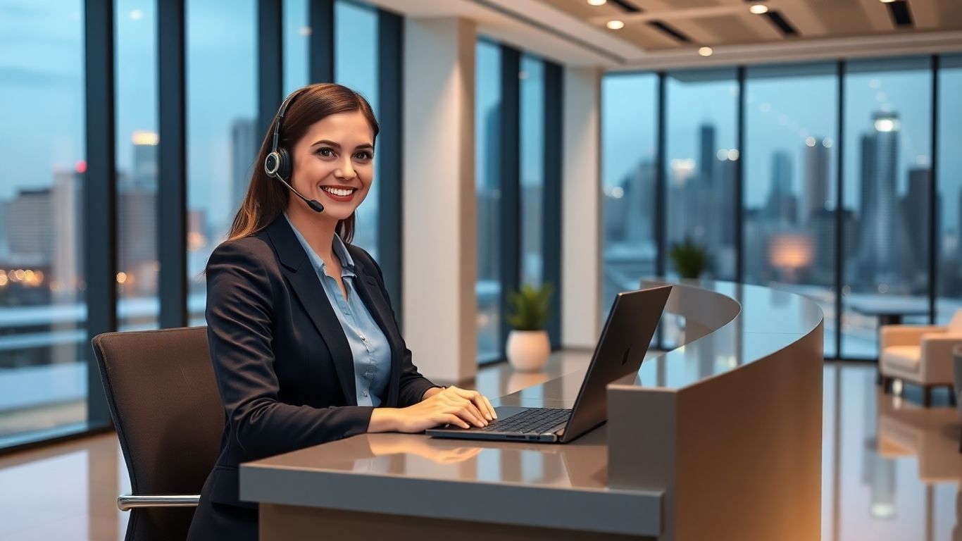 Receptionist answering phone in Houston office lobby