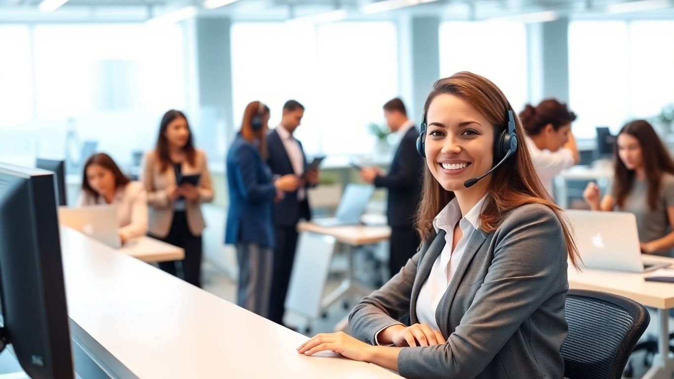 Virtual receptionist assisting business professionals in modern office