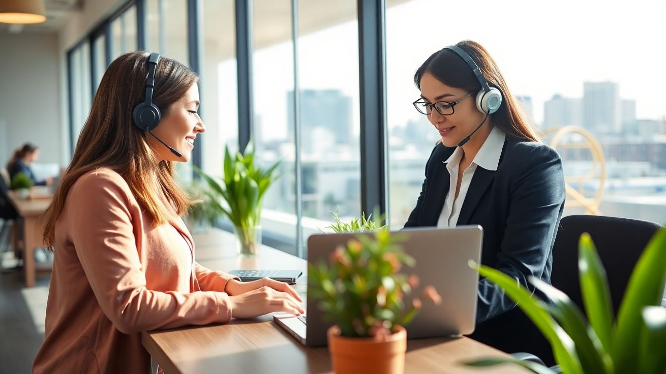 Bakersfield receptionist talking with customer in modern office