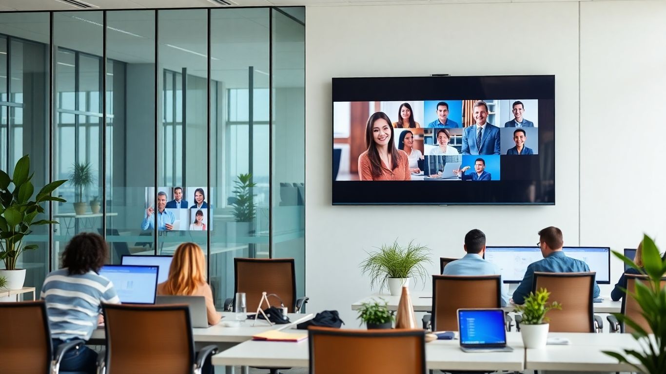 Virtual receptionist assisting team in modern office
