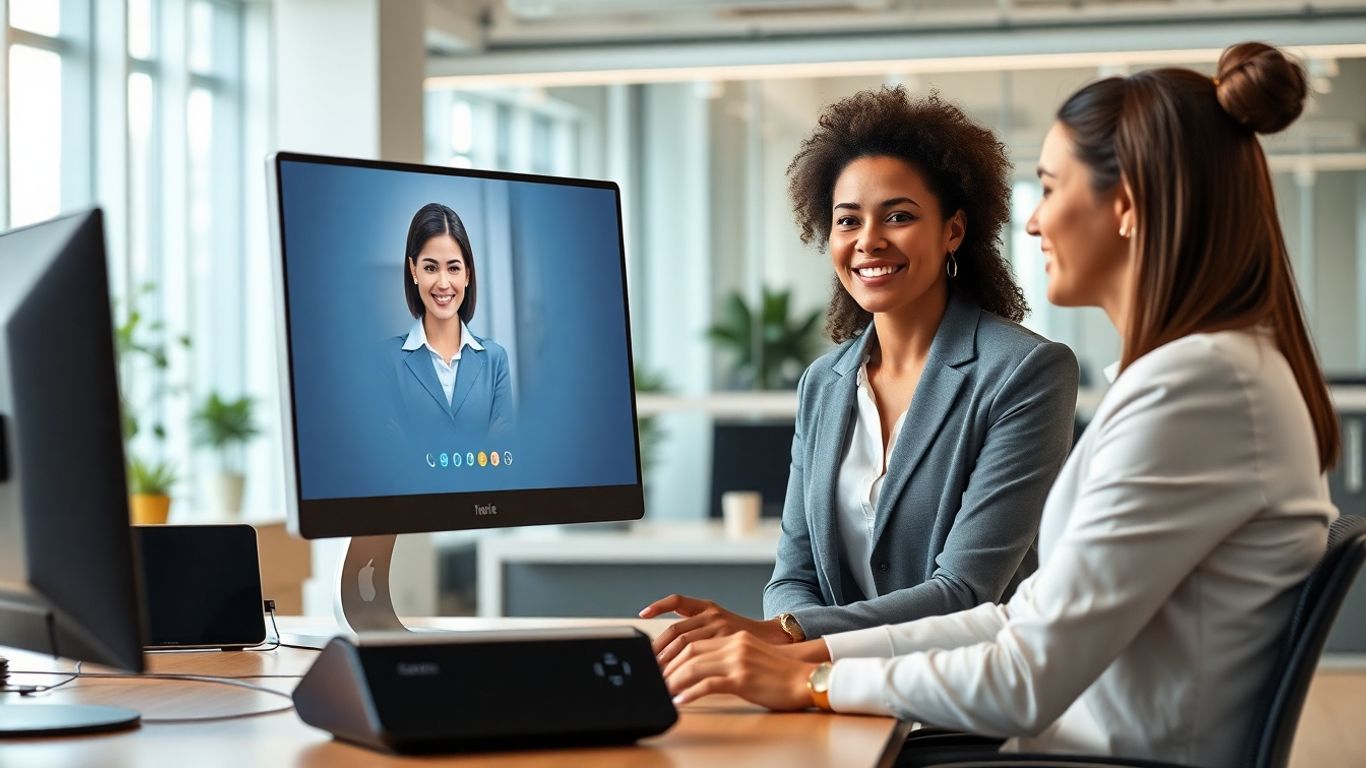 Virtual receptionist assists diverse professionals in modern office
