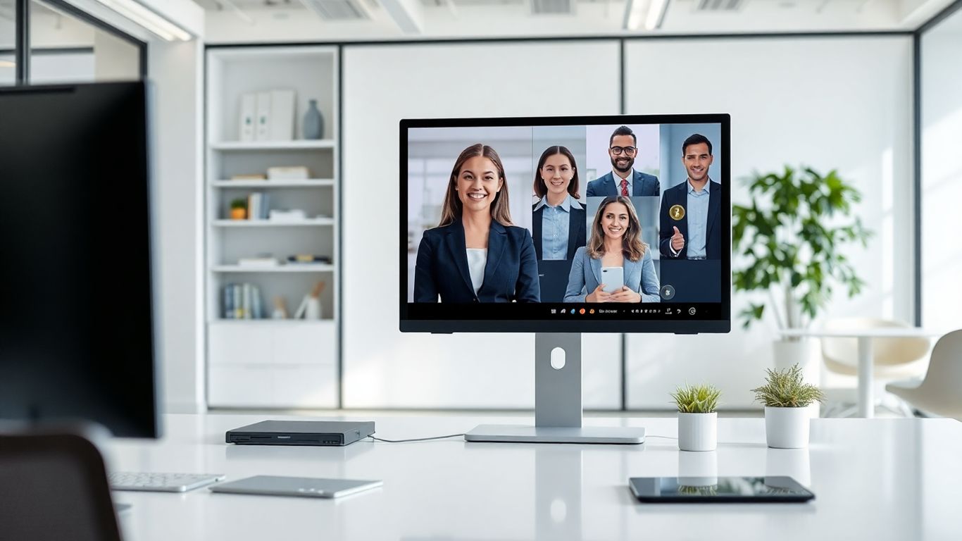 Virtual receptionist assisting clients in modern office