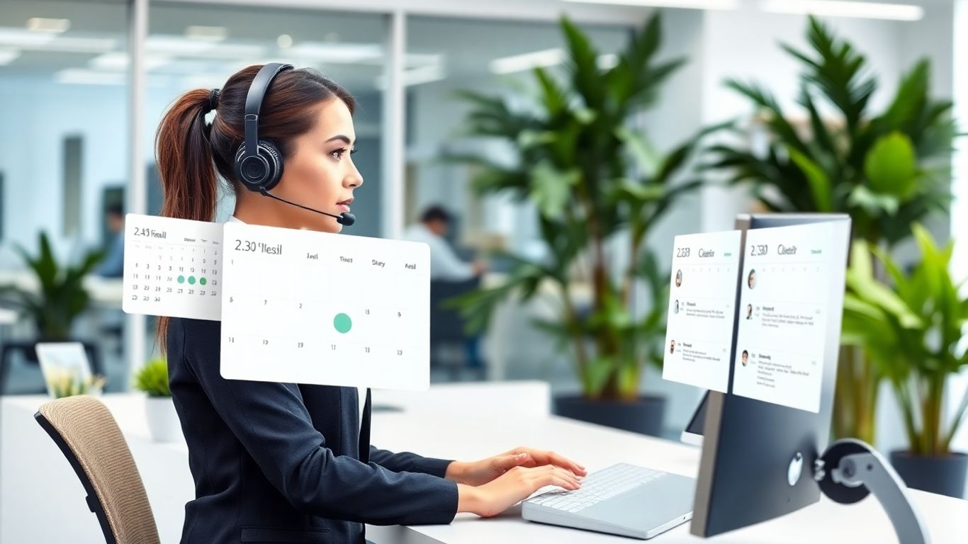 Virtual receptionist managing a digital calendar at desk