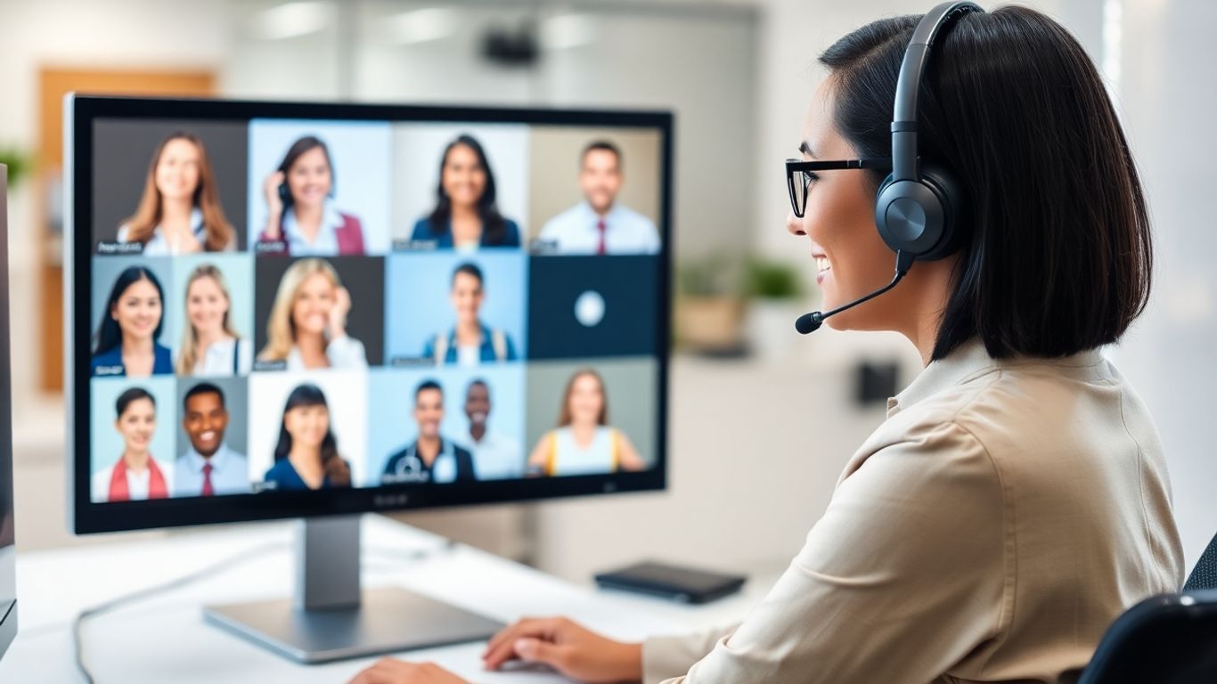 Virtual receptionist assisting diverse international clients via video call.
