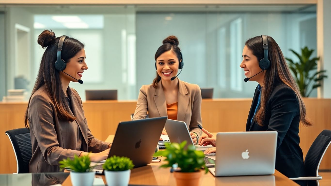 Two bilingual receptionists assisting clients in an office