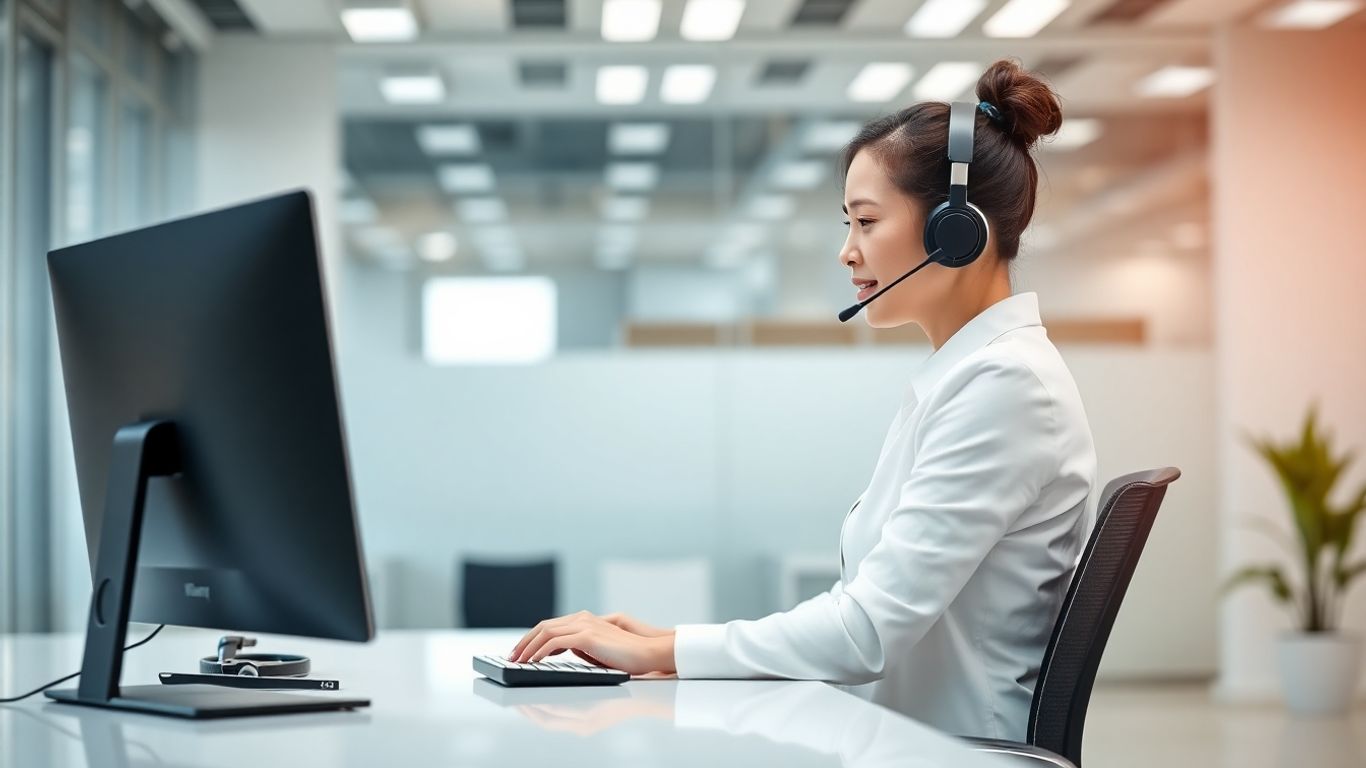Virtual receptionist at desk taking business call