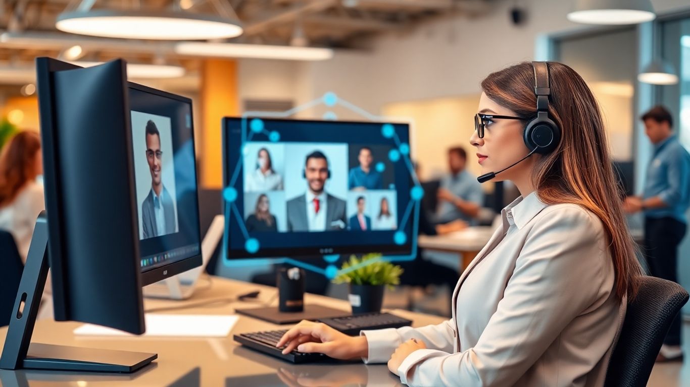 Receptionist using AI in modern office environment