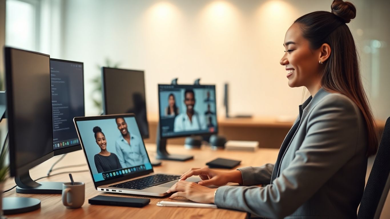 Virtual receptionist greeting client in modern office