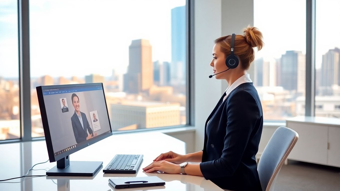 Virtual receptionist in Boston office with city skyline.