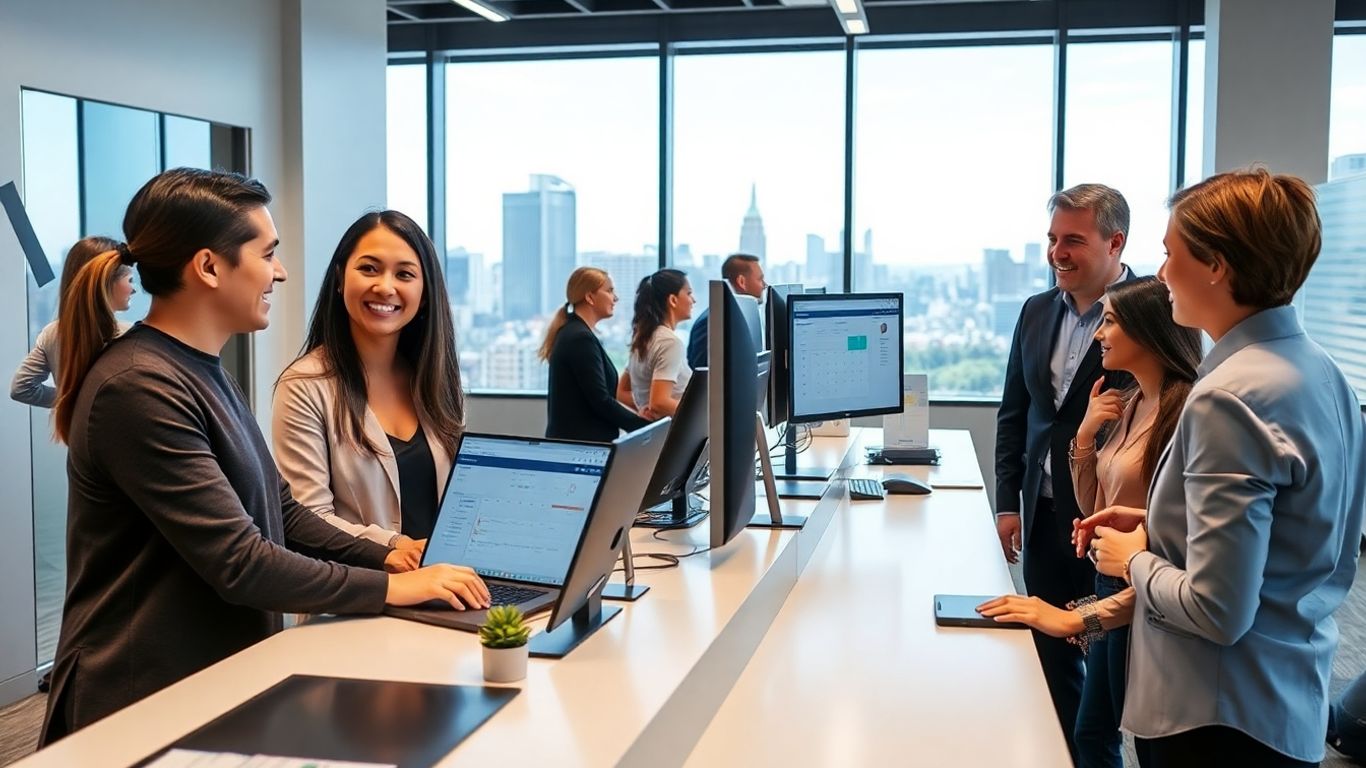 Boston office receptionist uses computer with scheduling tools