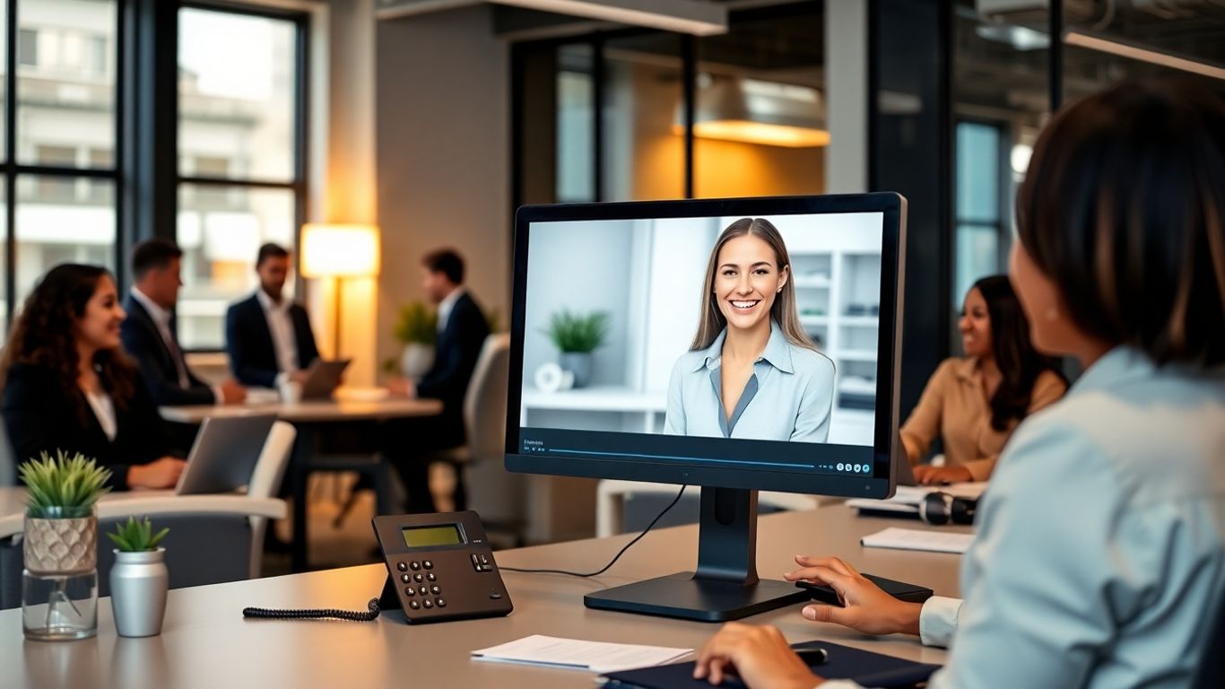Virtual receptionist greeting business team in modern office