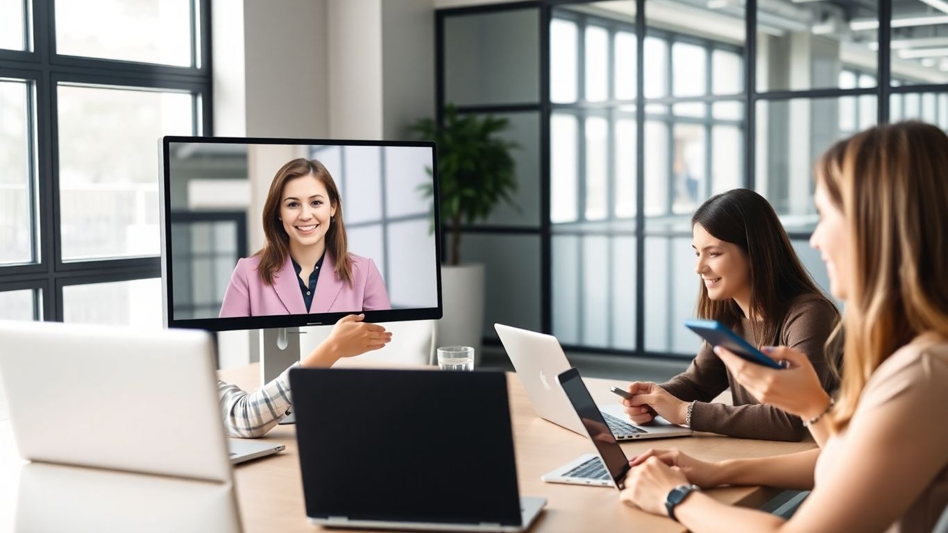 Cheerful virtual receptionist aids professionals using digital devices.