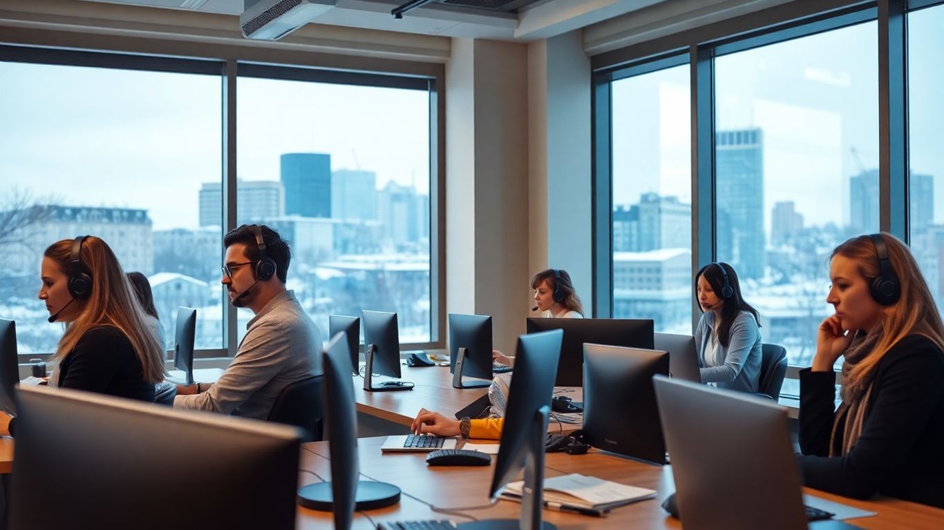 Office workers in Buffalo using headsets during winter.