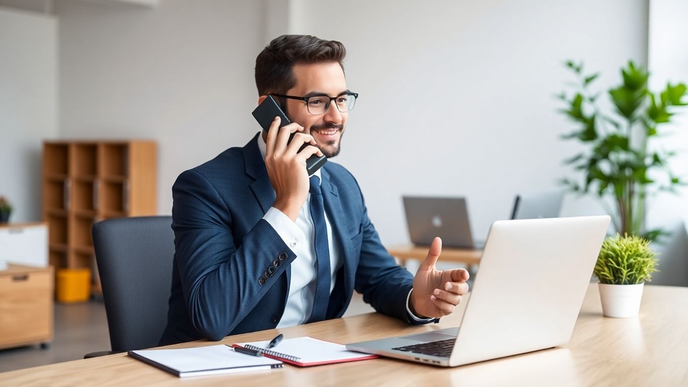 Professional answering phone at modern office desk