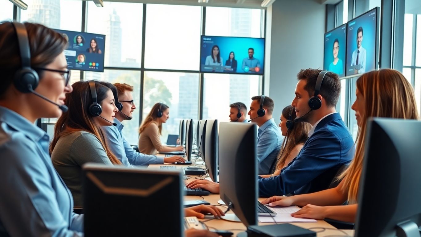 Call center agents working with advanced technology in office