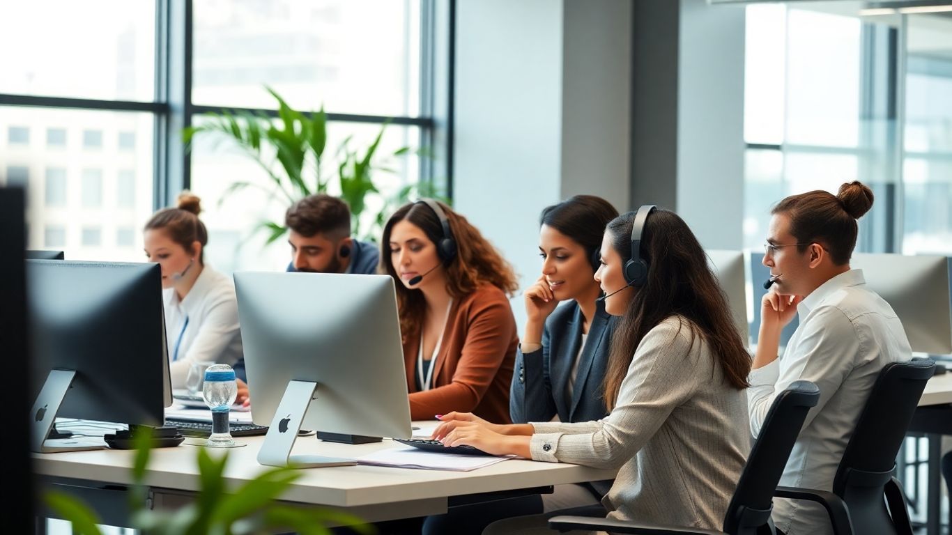 Team in office using headsets and computers collaborating