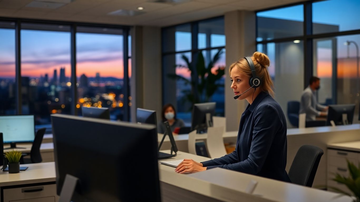 Receptionist answering phone in Carlsbad office at night