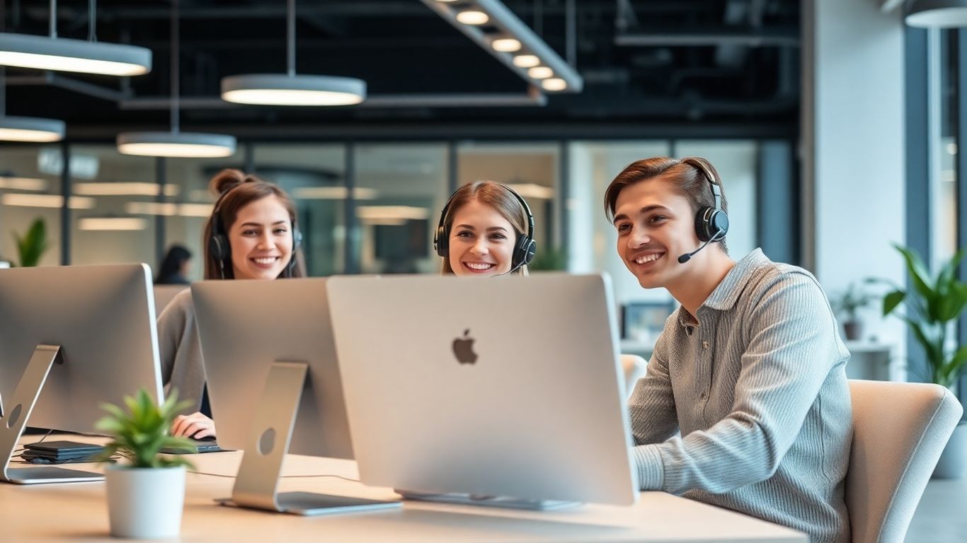 Smiling call center agents in a modern office space.