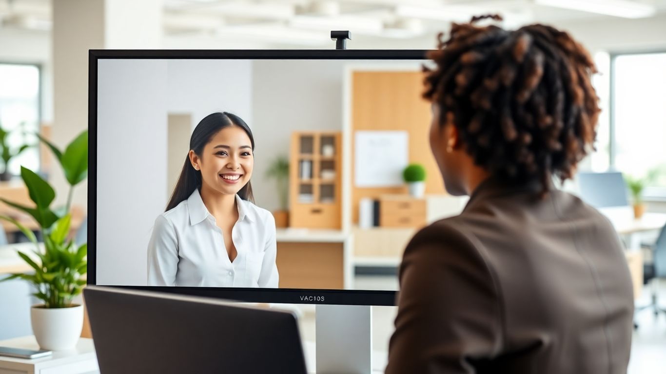 Virtual receptionist helping professional in modern office