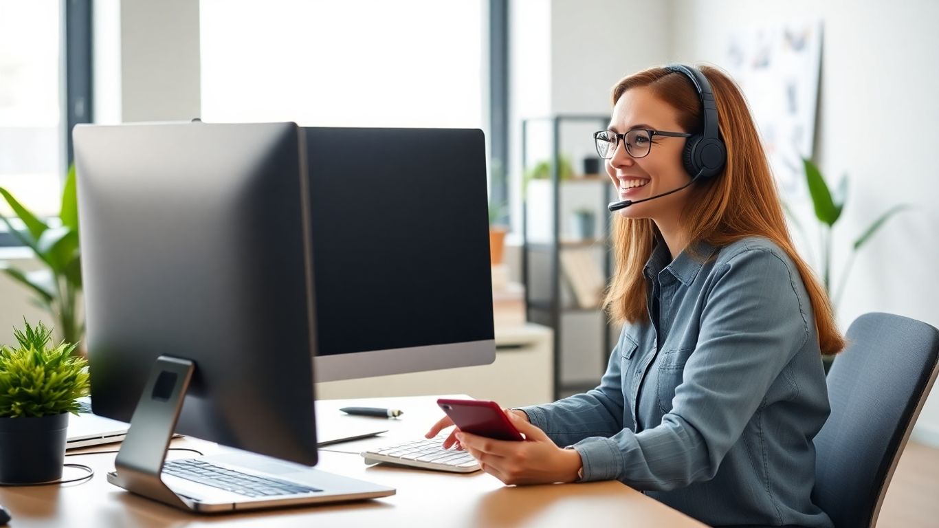 Virtual receptionist at desk with headset and laptop