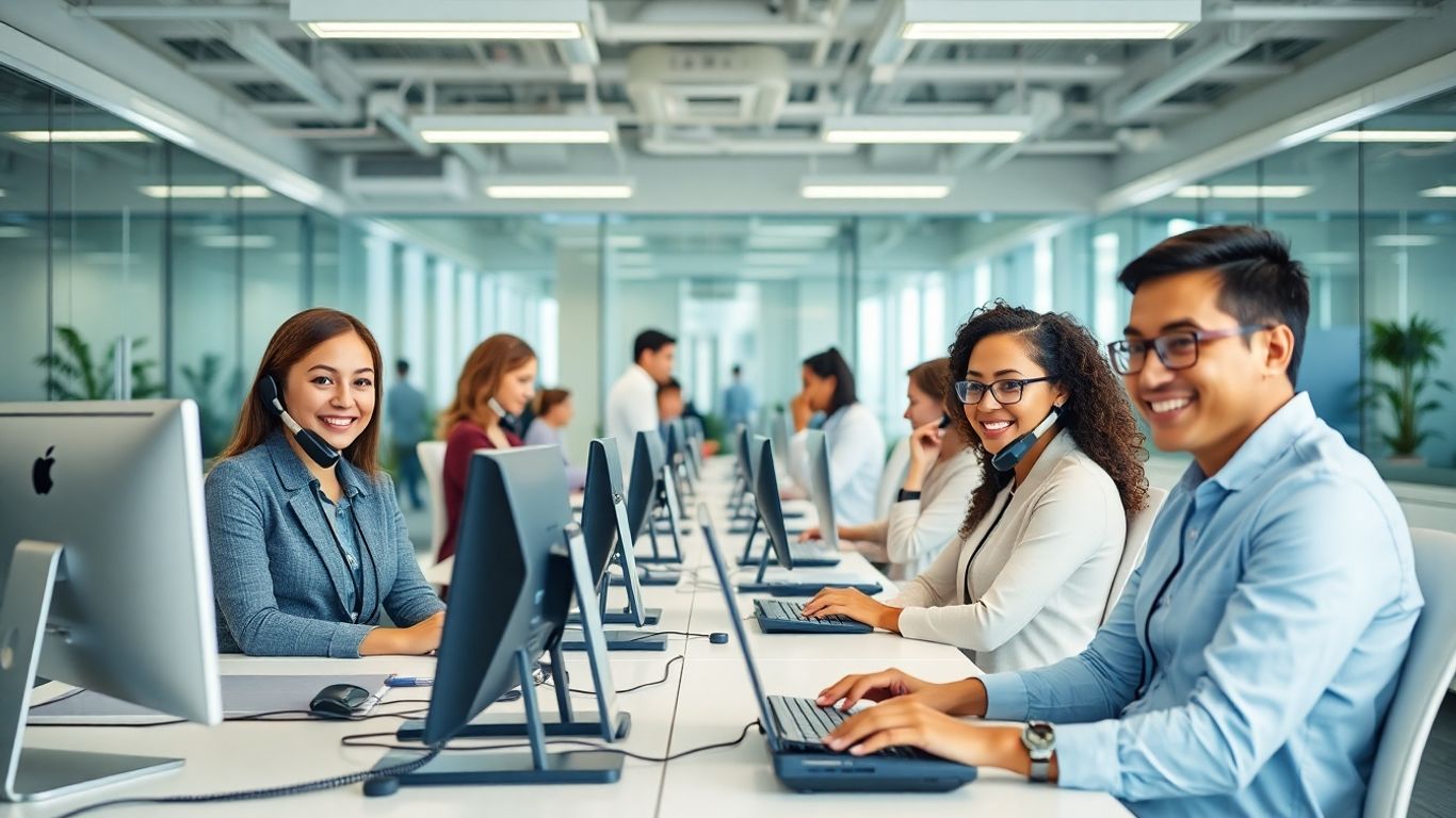 Receptionist answering calls in a modern office setting.