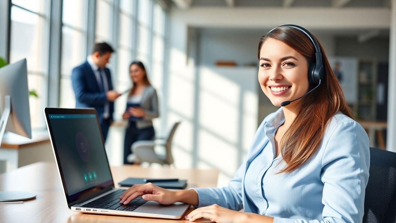 Receptionist with headset at desk in bright office