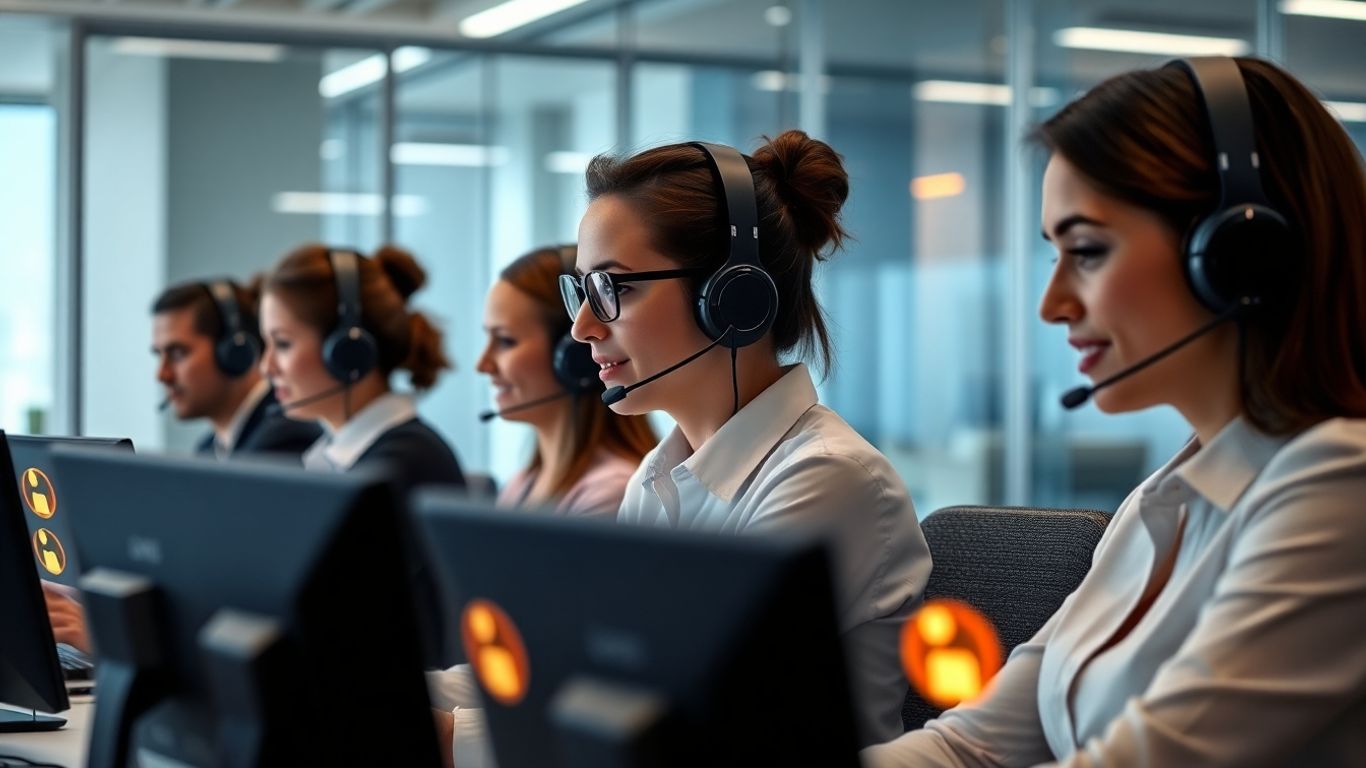 Office team handling multiple calls with headsets