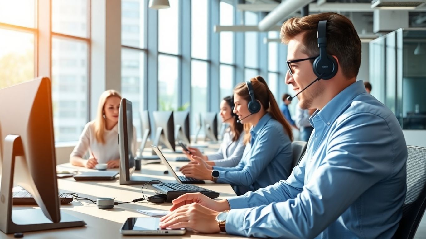 Team using headsets and devices in high-tech office