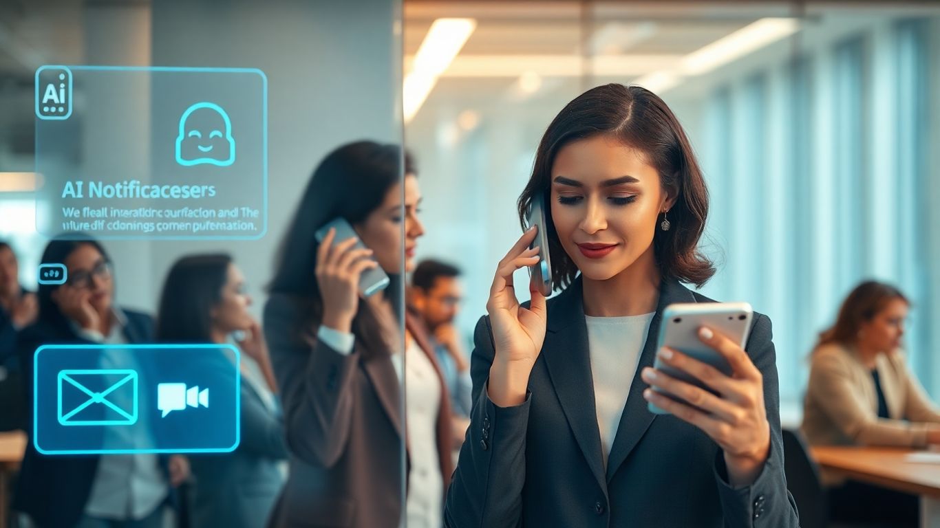 Businesswoman checking voicemail in modern AI-powered office