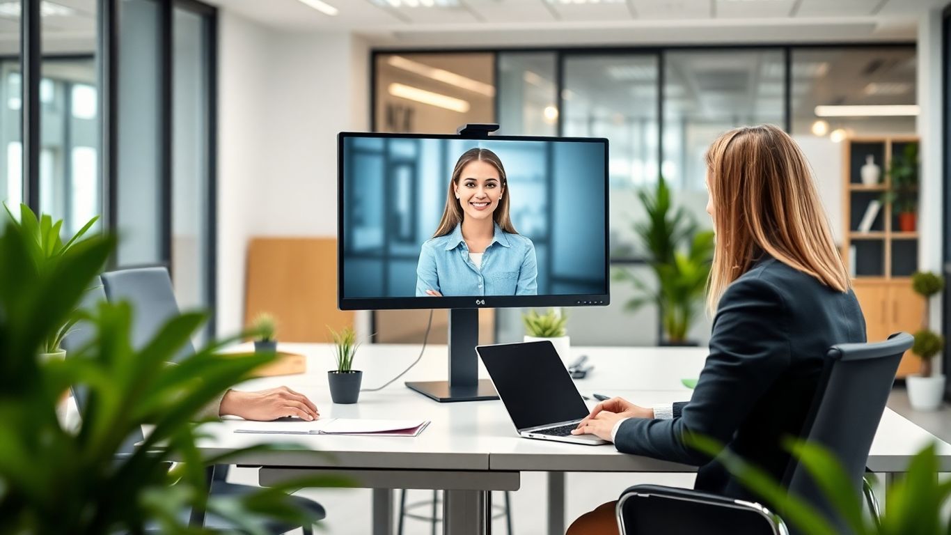 Virtual receptionist assisting businessperson in modern office setting