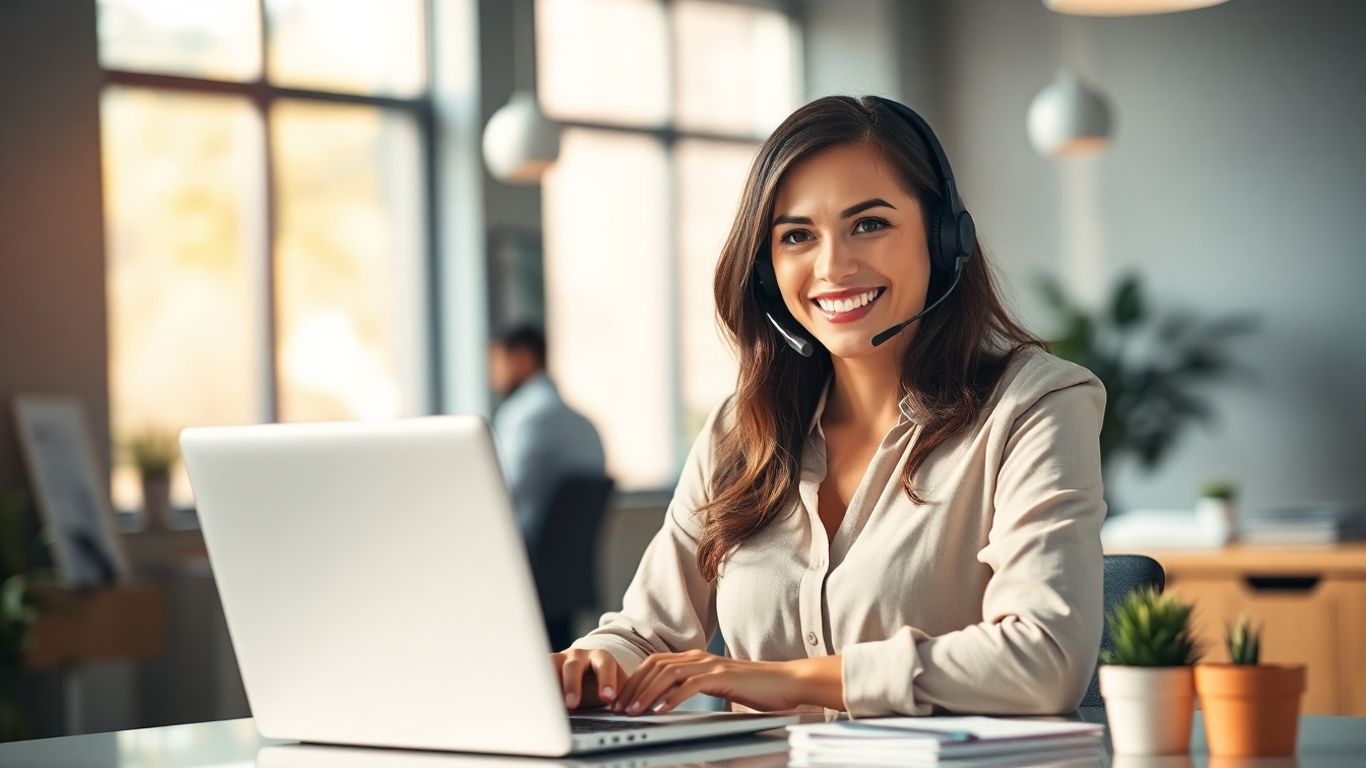 Virtual receptionist helping small business in modern office