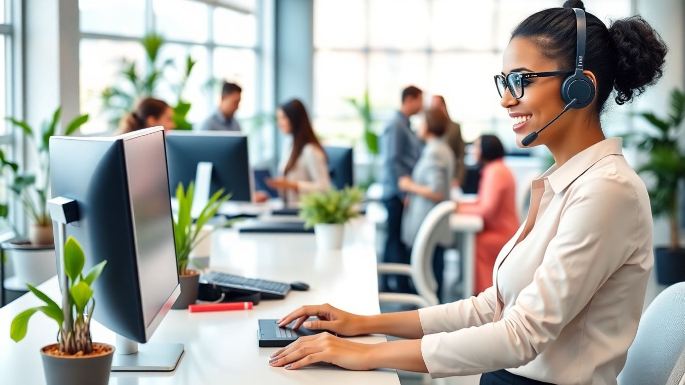 Receptionist with headset boosting team productivity in office